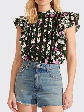 Veronica Beard Black Floral Lace-Trim Blouse SZ 10 EUC